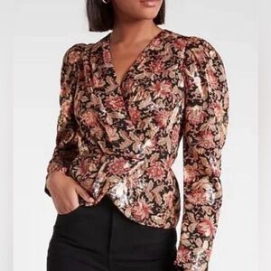 NEW Express Faux Wrap Metallic Floral Blouse NWT